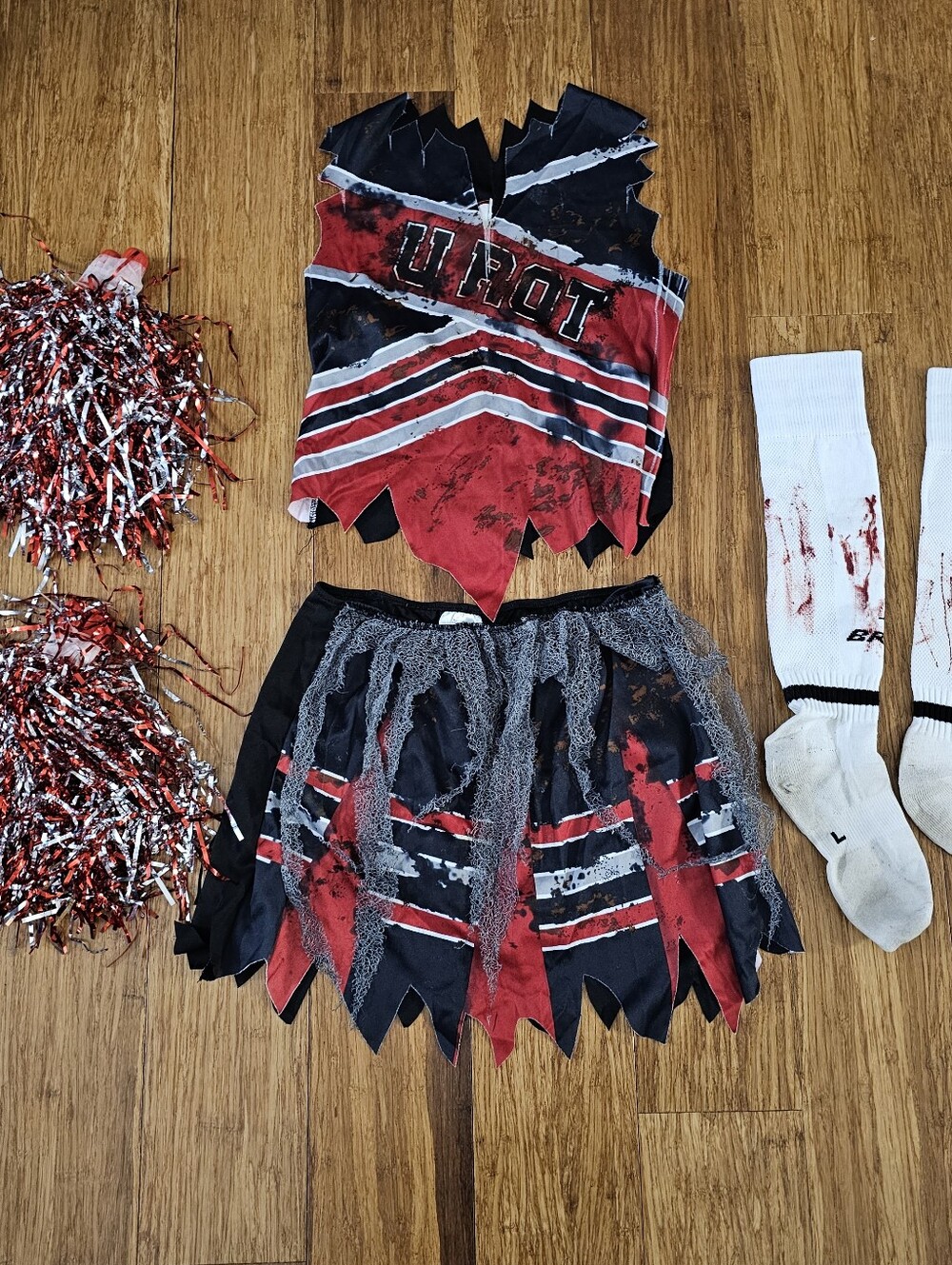 Girls Zombie Cheerleader Halloween Costume Set Pom Poms Bloody Socks Size 10
